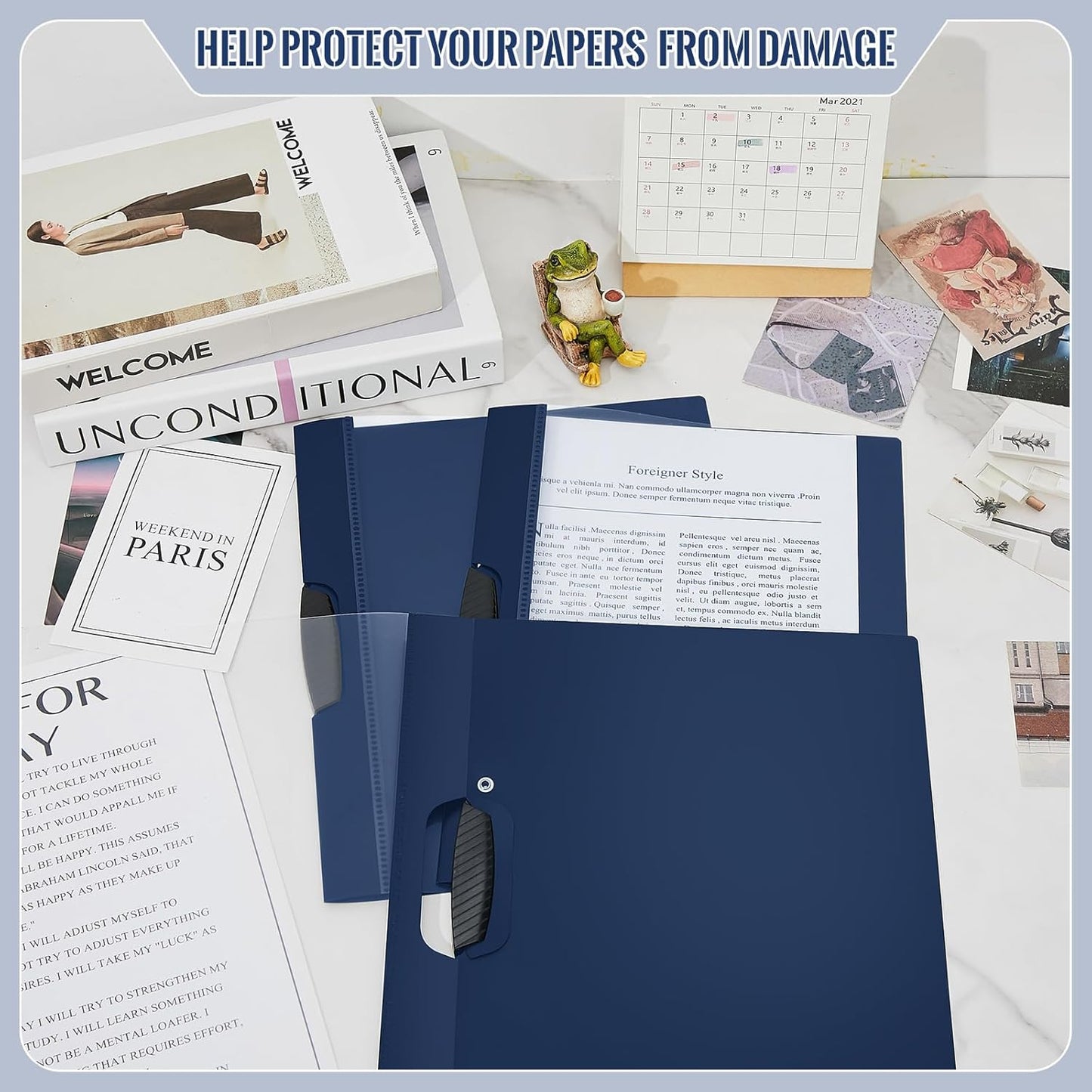 Teling 48 Pcs Report Covers with Sliding Bar Clear Plastic Presentation Folders 9.4 x 11.8 Inches Paper Binder Pocket Folder for Back to School Classroom Business Files Document Office (Navy Blue)