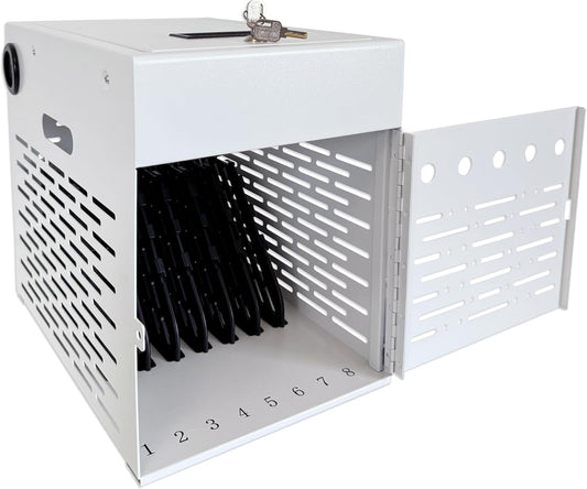 8-Device Tablet Charging Station, Lockable Steel Case Fits 14" Chromebooks, iPads, Laptops & Tablets, Secure Storage with 2 Keys, Ideal for Classrooms, Offices & Hospitals, White