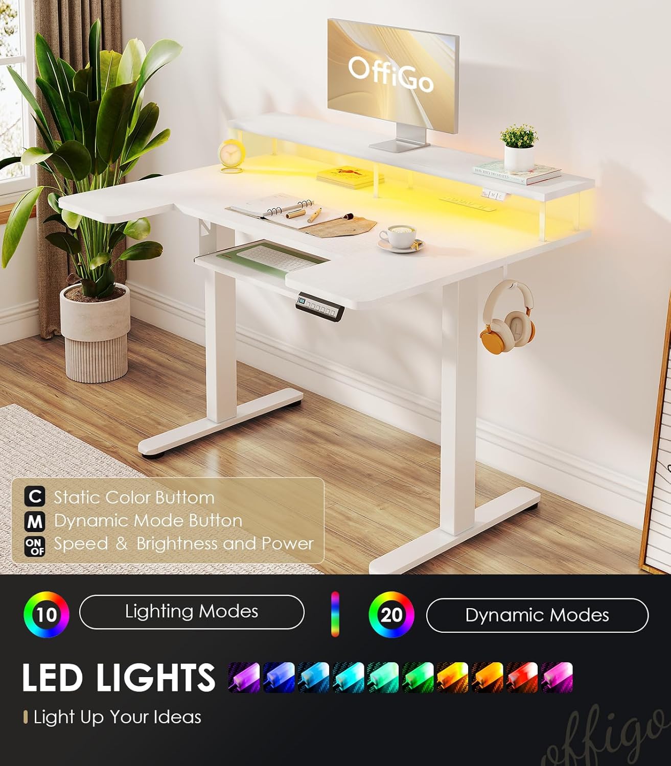 OffiGo U Shaped Electric Standing Desk with Keyboard Tray, 48 Inch Height Adjustable Desk with Power Outlets & LED Lights, Sit Stand Table with Monitor Stand for Home, Office, White