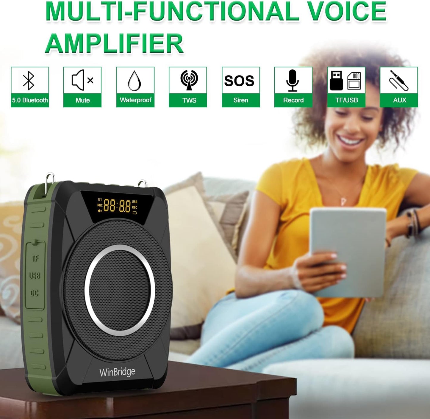 Bluetooth 5.0 Voice Amplifier with Wireless Mic Headset, Waterproof Personal Microphone Wireless Voice Amplifier, 20W Loudly Portable Megaphone PA System for Teachers, Safety Drills, Outdoors Indoors
