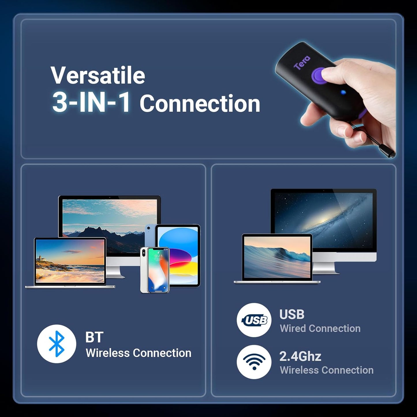 Tera Mini 1D Barcode Scanner: Pocket Waterproof Wireless Laser Scanner 3 in 1 Compatible with Bluetooth USB Wired Portable Bar Code Reader for Logistics Work with iOS Windows Android 1100L Purple
