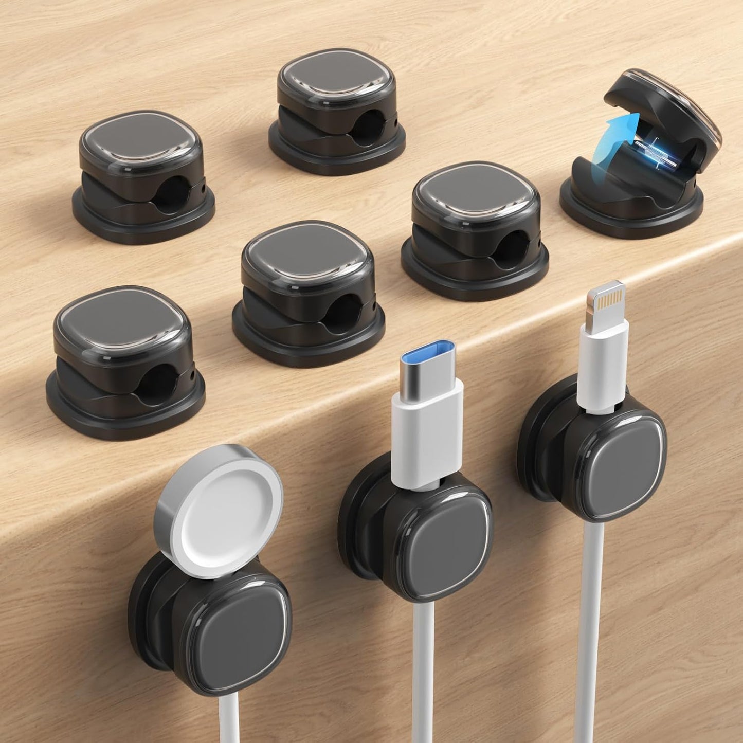 9 Pack Cord Organizer, Spring Cable Management, Adhesive Cute Cable Holder Clips, Phone Charger Wire Keeper for Desk Nightstand Car Office (9-Pack Black)