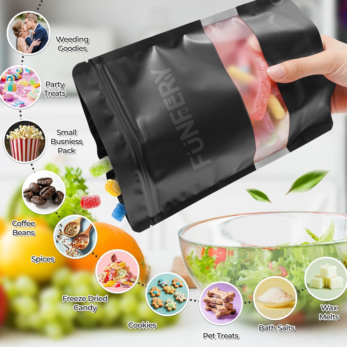 Funfery 100 Pcs Black 4x6 Smell Proof Packaging Bags,Mylar Clear Bags for Food Storage,Sealable Bag for Packaging,Stand Up Pouches with Window,ReSealable Bag for Small Business,Cookies,Candy