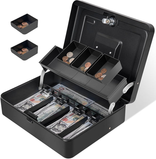 Cash Box Key Lock on Top, 11.8L x 9.5W x 3.5H Inches, Black Metal Money Box with Tray,Tiered Locking Cash Boxes,Durable Lock Safe Box with Key,4 Bill / 5 Coin Slots,Large
