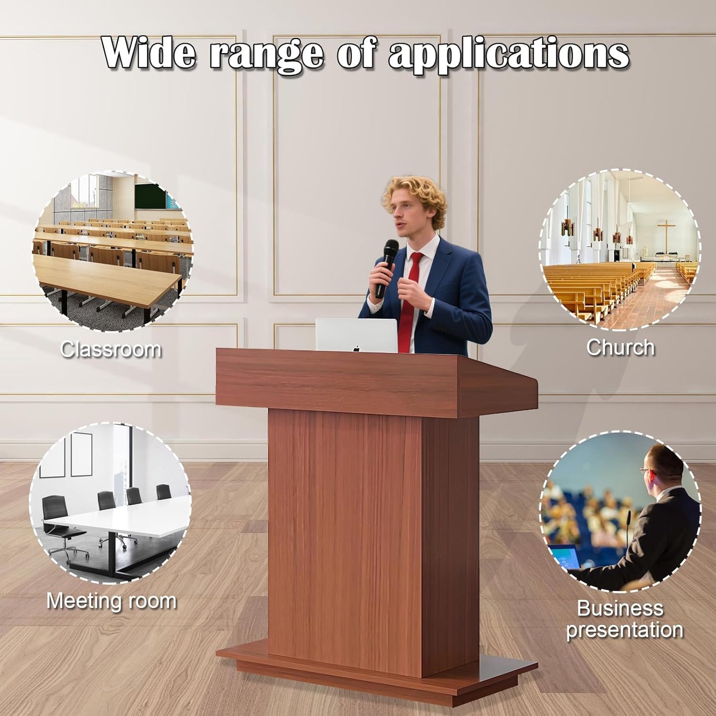 Solid Wooden Podium Stand Podiums for Classroom Lectern Podium Stand Wood Church Pulpit with 3 Levels of Storage and Heightened Baffles (Teak Color, 39.4in)