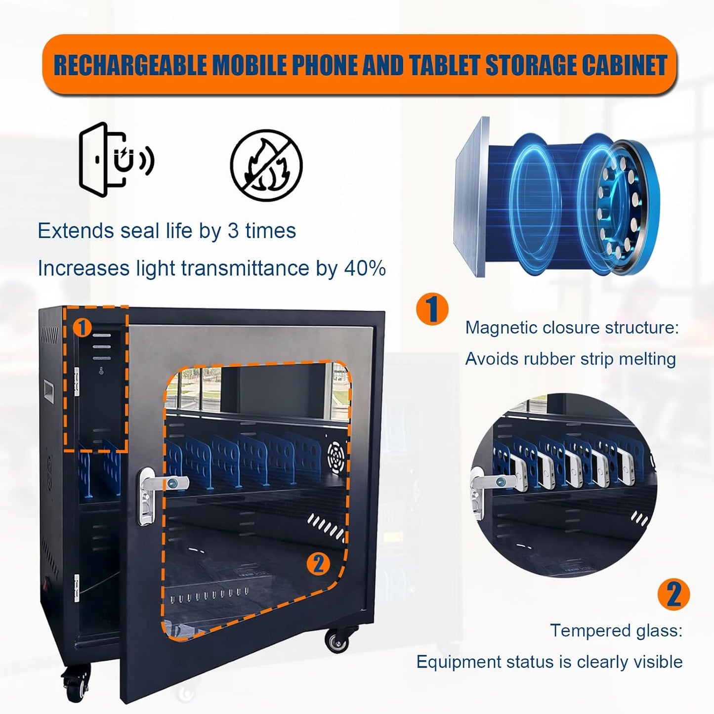 Cell Phone Fully Assembled Charging Storage Cart with Lock, USB Charging Station 20 Device Mobile with Wheels, Glass Cabinet Door Rechargeable Tablet & Laptop Locker Cabinet, for ClassroomOffice