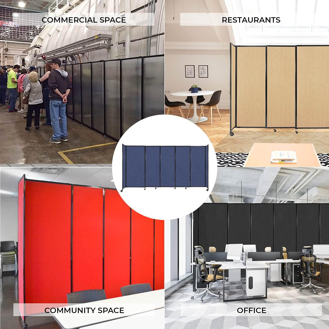 Versare Straightwall Sliding Portable Wall Partition | Freestanding Office Dividers | Locking Wheels | Temporary Room Separator | 11'3'' Wide x 4' Tall Navy Blue Fabric Panels