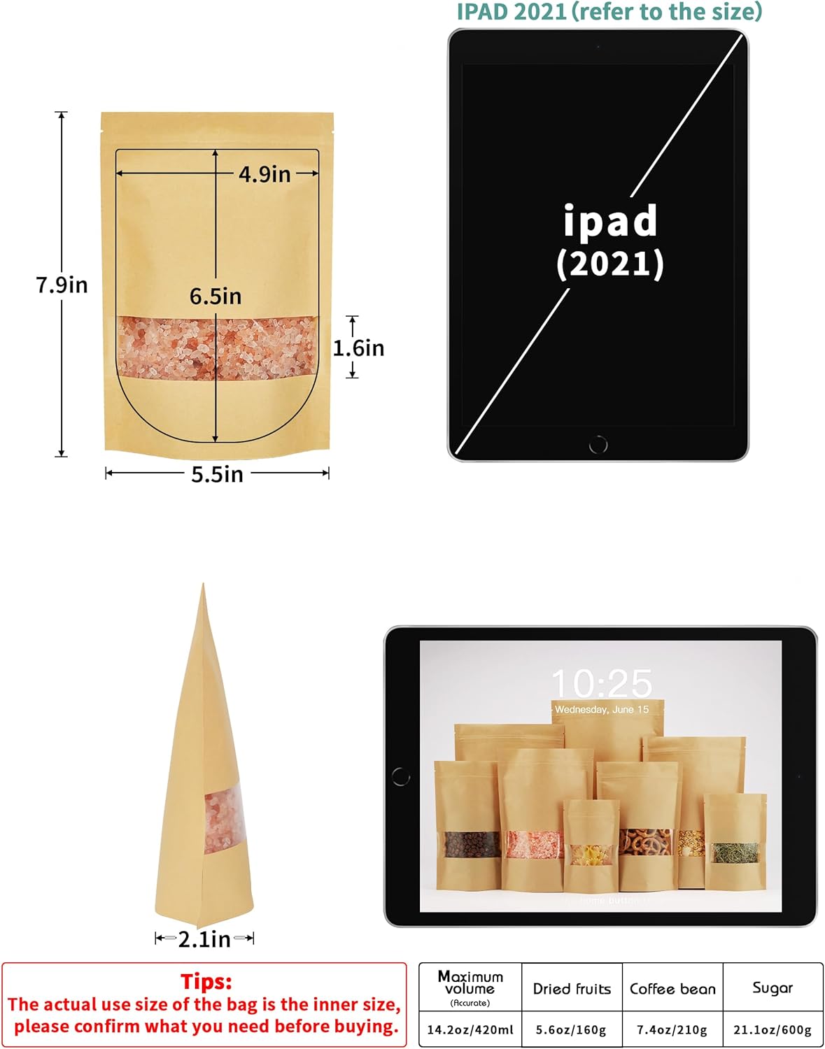 FireKylin Brown Paper Bags Stand Up Pouches Zipper Reusable Sealable 100 Pcs, with Window, 5.5" x 7.9", Food Storage Bags, for Packaging Products