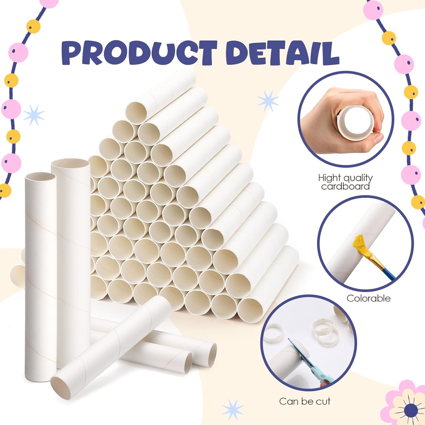 MotiMind 60 Pcs Cardboard Tubes for Craft 2 Size Empty Paper Towel Rolls Cardboard Toilet Paper Tubes Bulk for Classroom DIY Projects (White,1.4 x 10 Inch, 1.6 x 10 Inch)