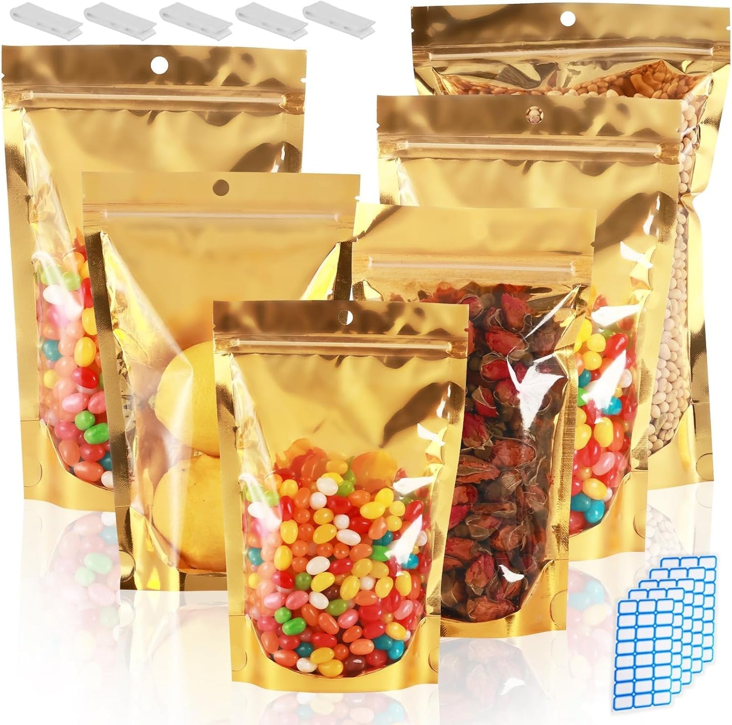 300 Pcs Mylar Bags for Food Storage 4x6 Mylar Bag with Window Stand Up Small Resealable Bags Smell Proof Bag Food Packaging for Small Business Freeze Dried Candy Jewelry Foil Packaging Gold
