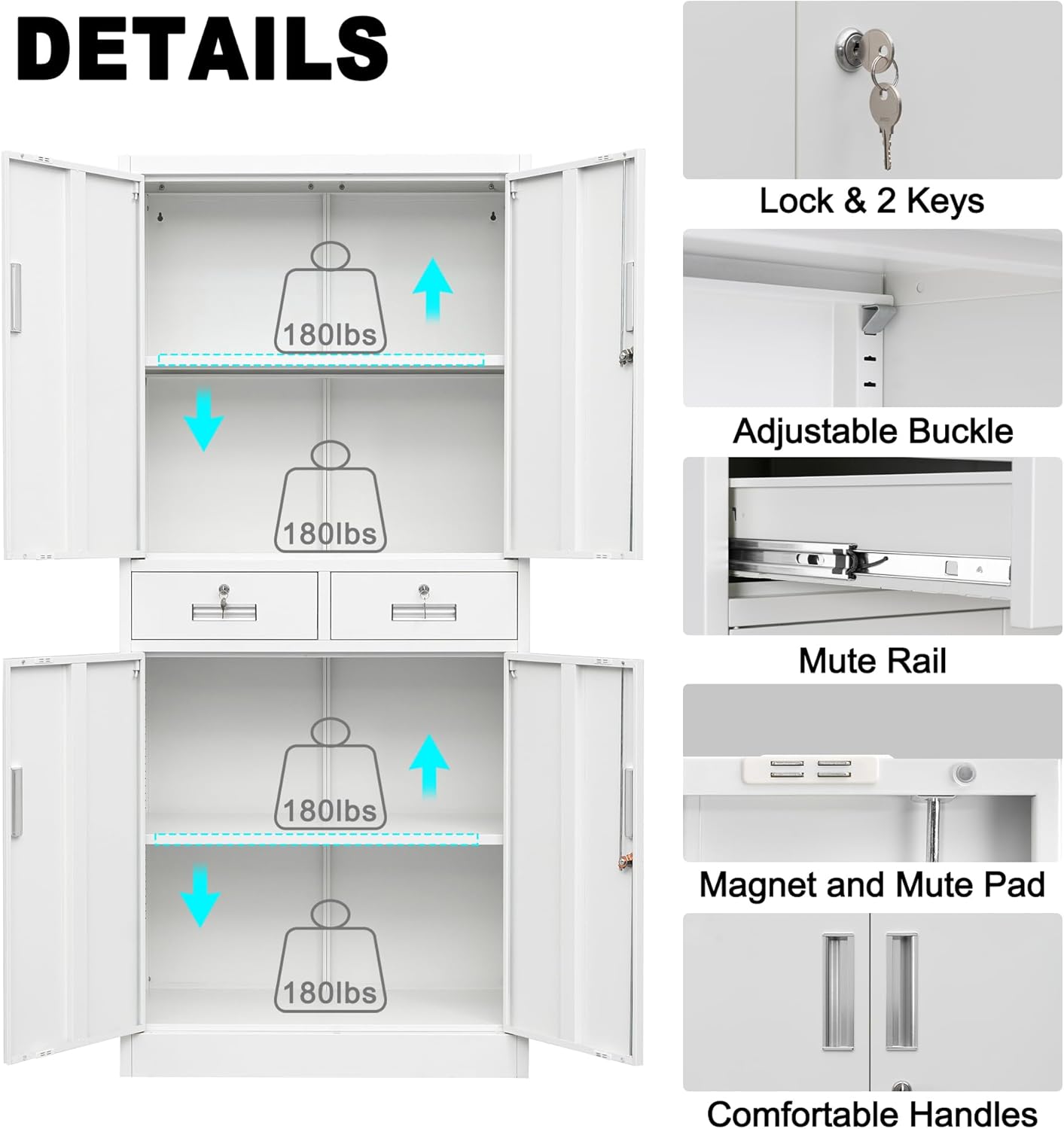 CMY Metal Storage Cabinet, 71" H x 32" W x 16" D Locking Cabinet with Adjustable Shelves and 2 Drawers, Steel Storage Cabinet for Office, Garage, Home, School, Utility Room-White