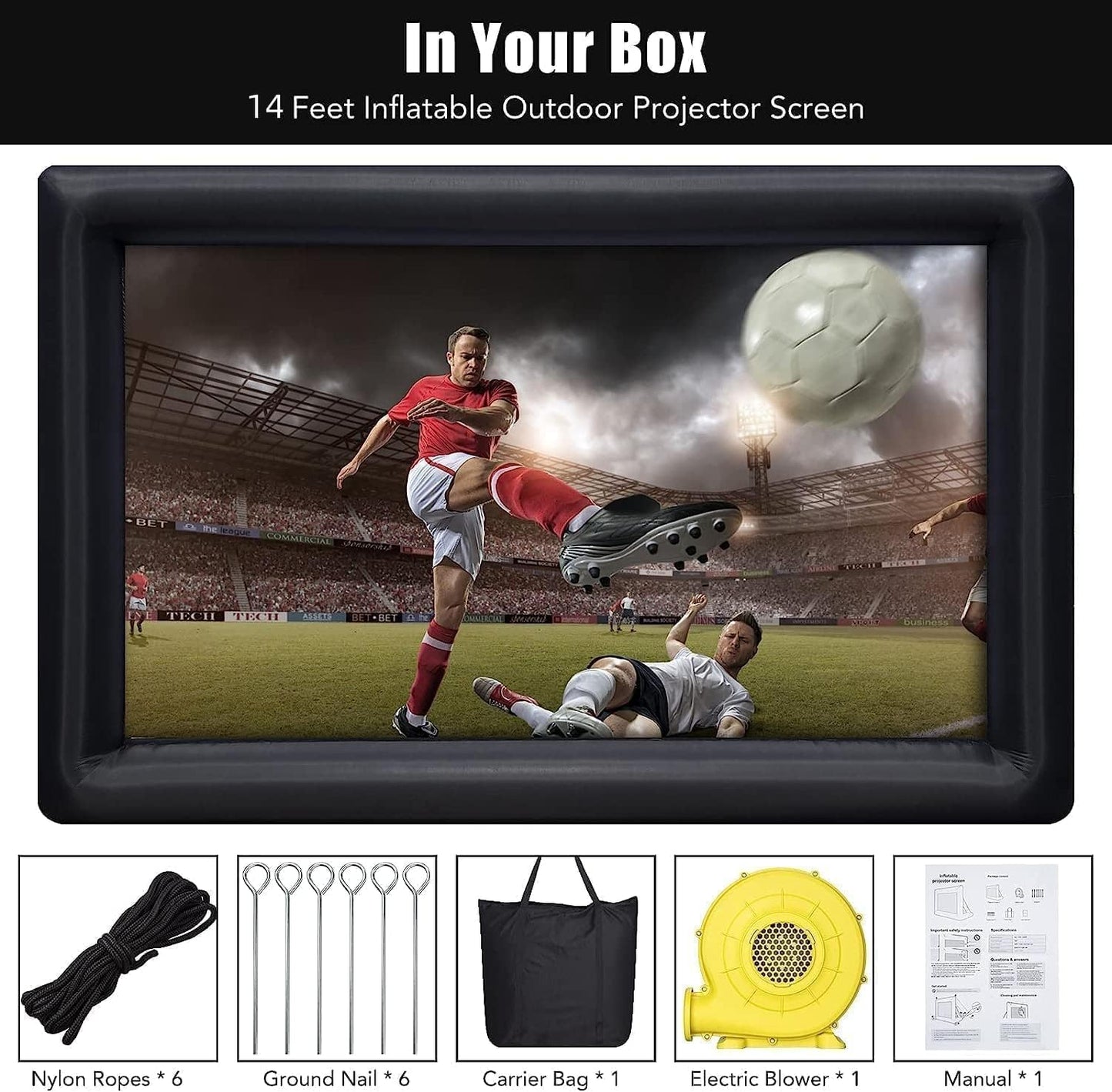 PioneerWorks 14 FT Inflatable Projector Screen， Outdoor Movie Screen Blow Up for Movie Parties Backyard Outside with Air Blower and Carry Bag, Front and Rear Projection