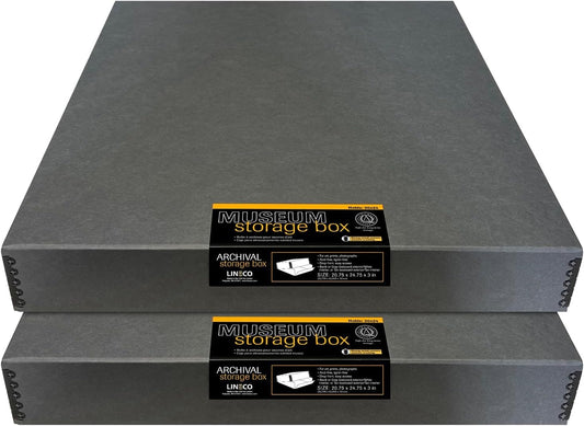 Lineco Museum Archival Storage Box, 20.75x24.75x3 in. Drop Front Design. Acid-Free with Metal Edge. Organize Photos, Pictures, Prints, Documents, Crafts, DIY. Gray, 2 Pack
