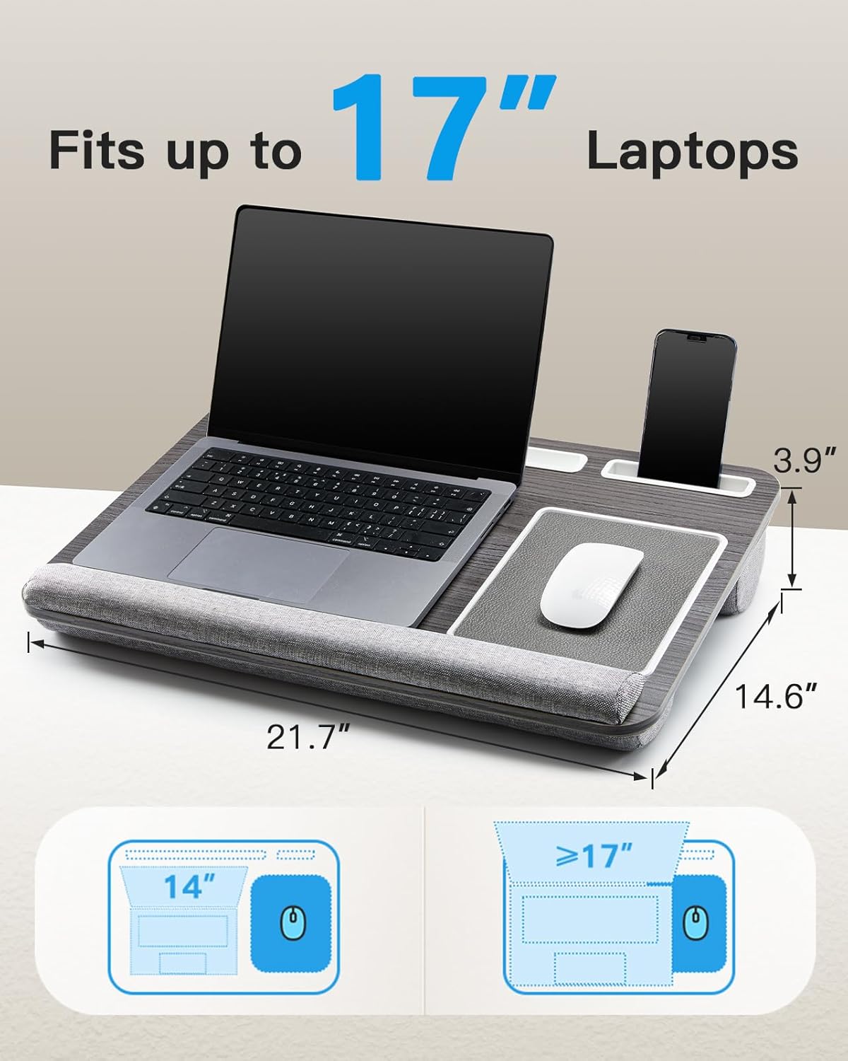 HUANUO Lap Desk - Fits up to 17 inches Laptop Desk, Built in Wrist Pad for Notebook, MacBook, Tablet, Lap Laptop Desk with Tablet, Pen & Phone Holder (Black Woodgrain)