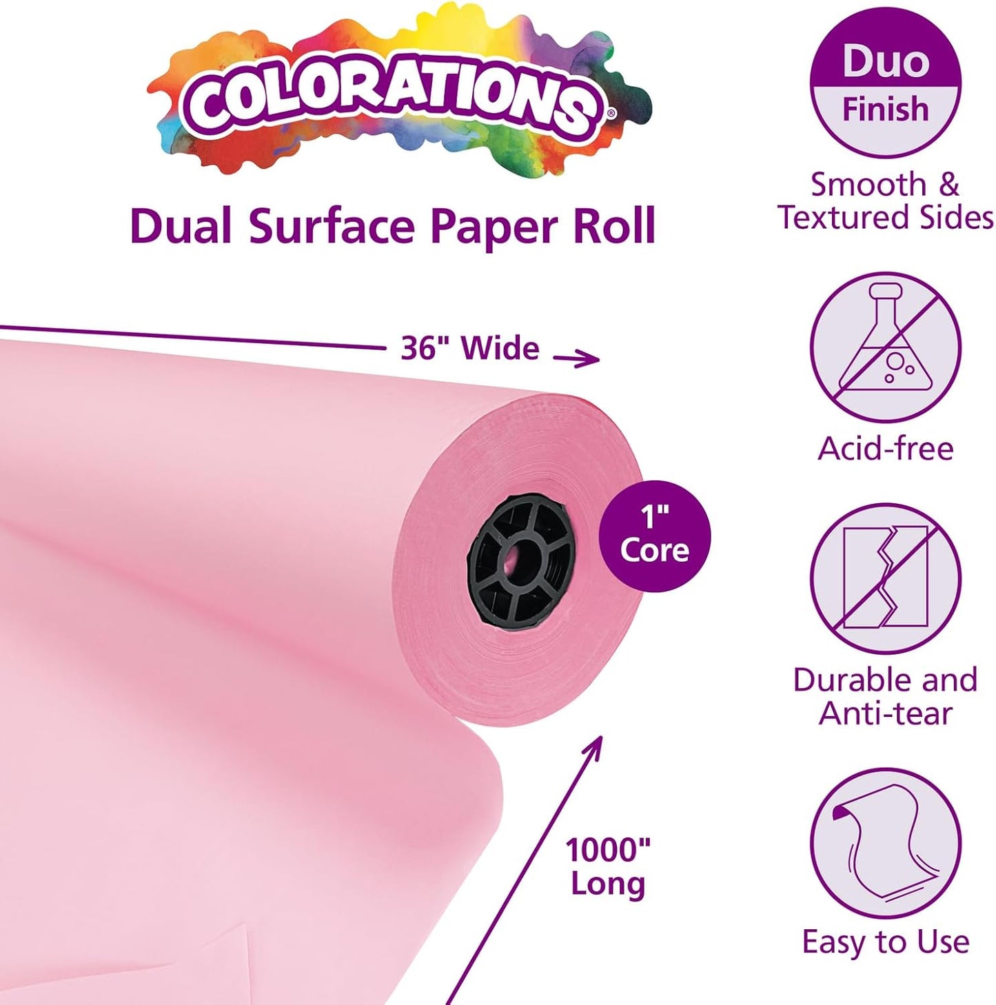 Colorations Arts and Crafts Paper Roll - 36" x 1000', Pink, Dual Surface, Markers, Finger Paints, Painting, Watercolors, Acrylic Paints, Wall Art, Bulletin Board Paper, Kids Crafts (Item # DSPK)