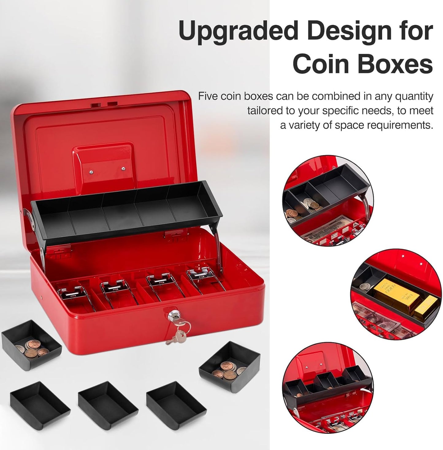 Large Locking Cash Box with Key Lock and Money Tray, Money Box with Cash Tray, Lock Safe Box for Office Business, 11.8" x 9.5" x 3.5", Red