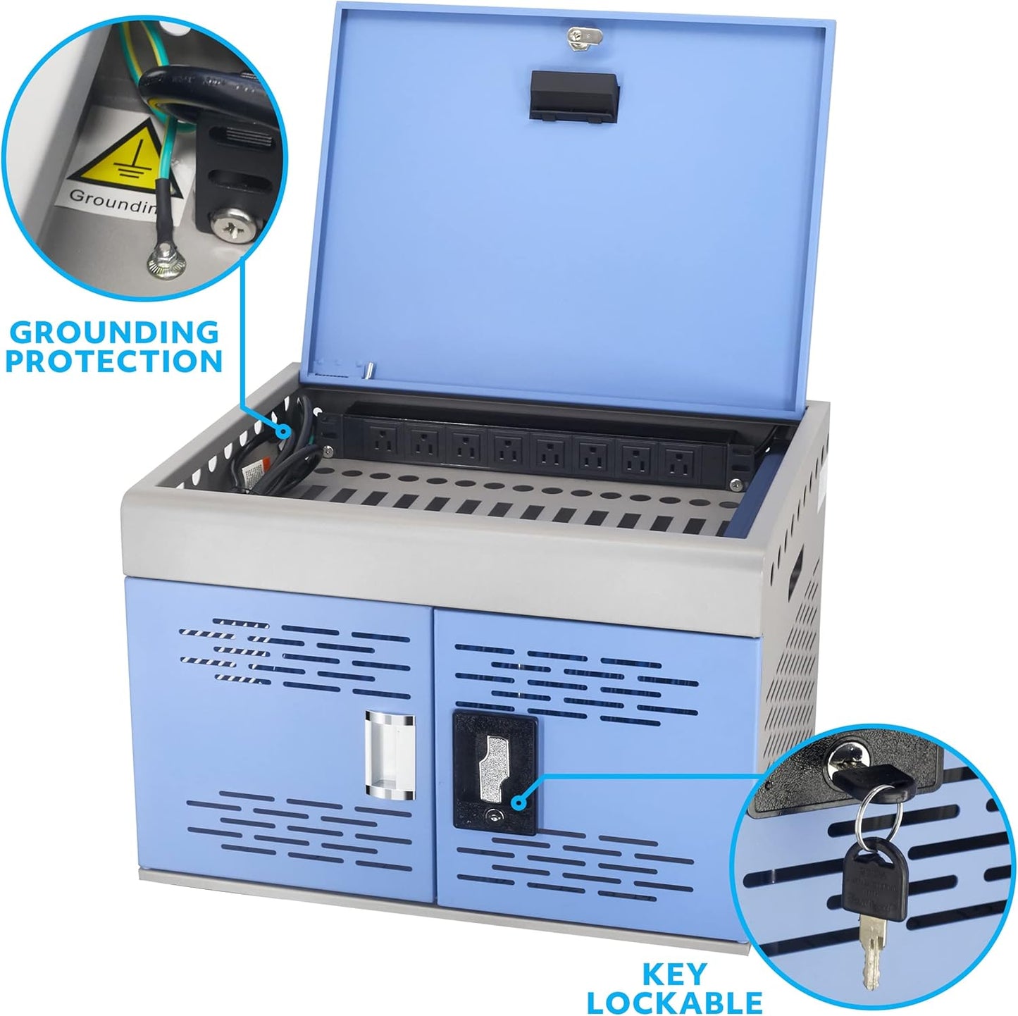 16-Unit Charging Cabinet for Laptops & Tablets - Locking Laptop Storage Box with Cable Management, Charger Storage, and Ground Protection for Classroom, Library, and Office(Blue)