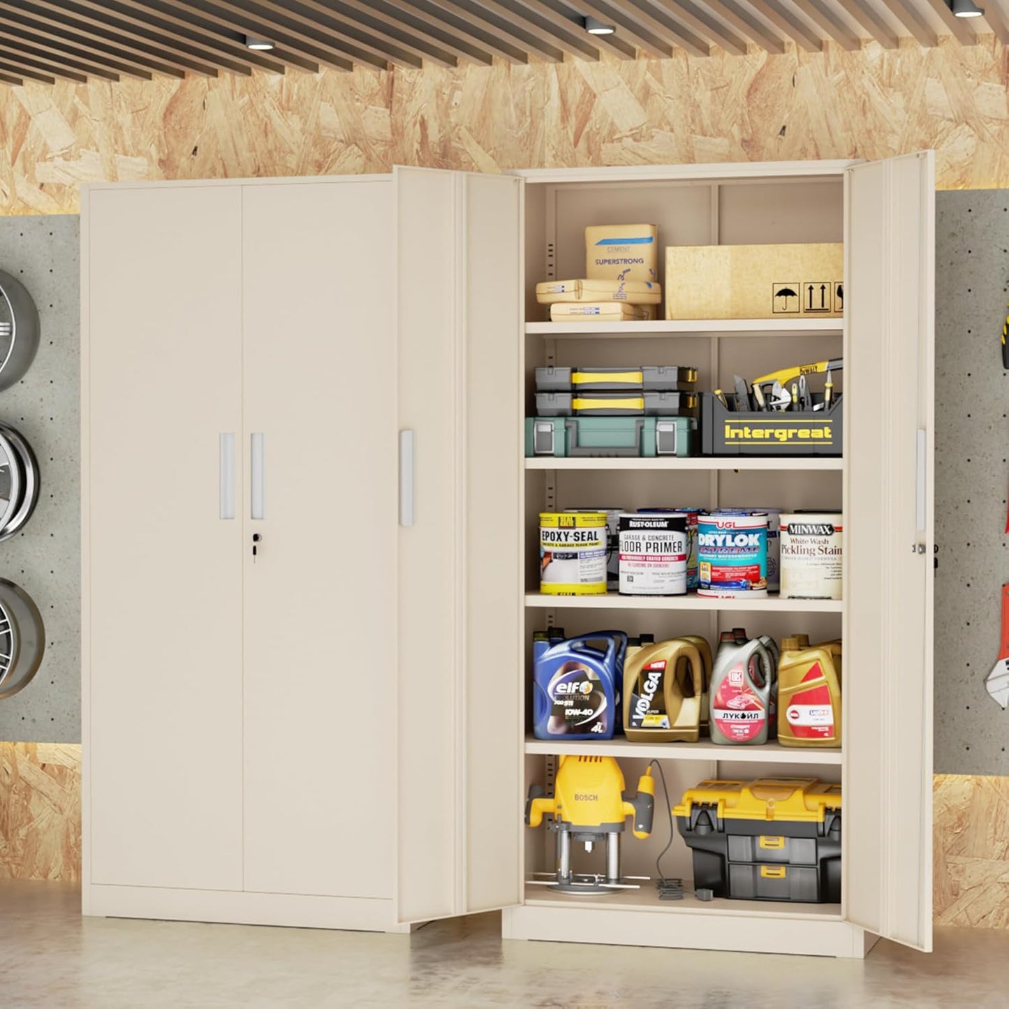 SUNCROWN 72" Metal Storage Cabinet - Heavy-Duty Metal Garage Cabinet with 4 Adjustable Shelves & 2 Doors for Tools, Office, Home, Workshop,Warm Grey-Small