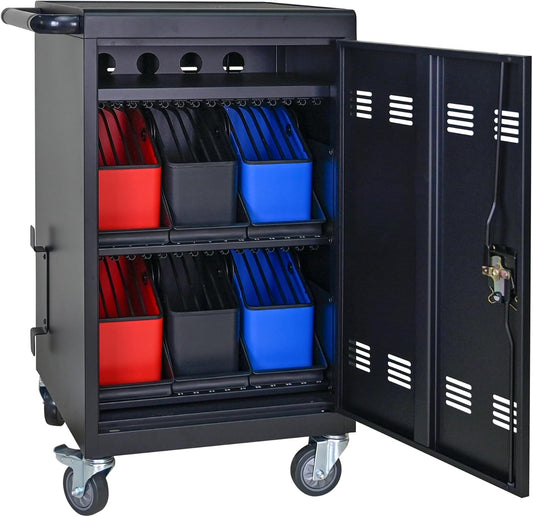 32 Plastic Device Lockable Charging Cart Holds Up to 14" with 6 5-Device Storage Compartment Tablet Laptop for Mobile Charging Storage Trolley with Cable Management Dividers Cable Clips Black