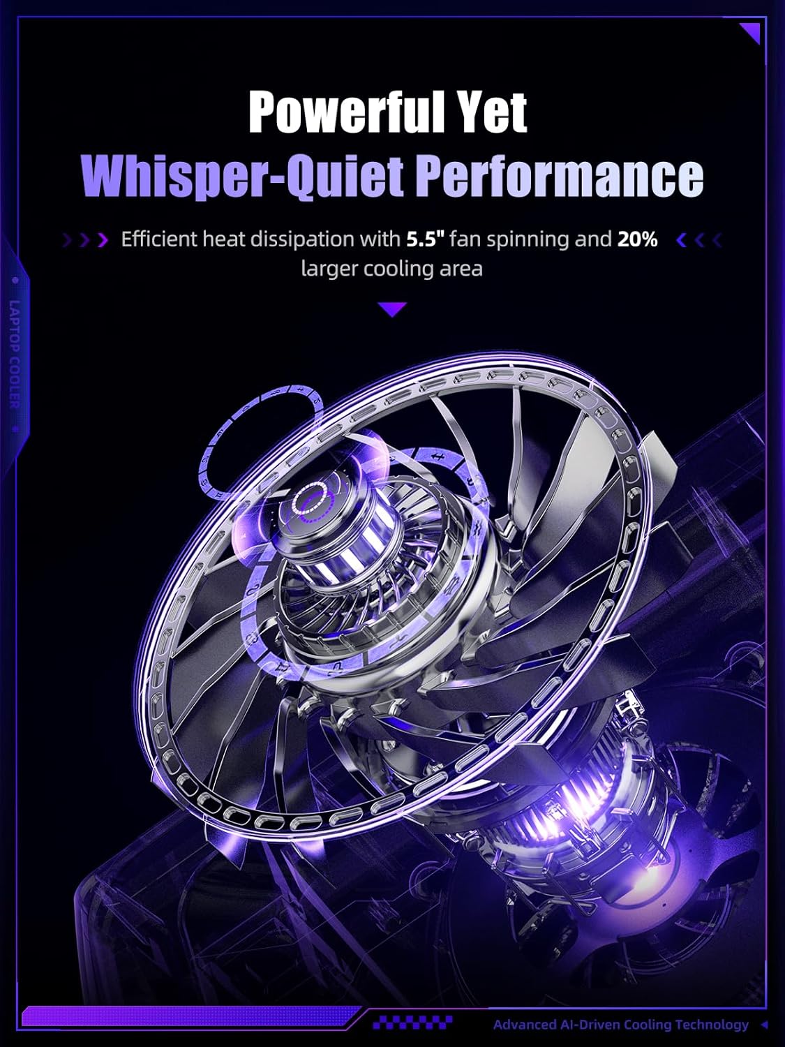 llano V12 Ultra Laptop Cooling Pad with Smart Software Control, RGB Gaming Laptop Fan Cooler Stand, 5.5" Turbo Fan, Adjustable Speed, 3*USB 3.0 Ports, 3 Height Stands, for 15.6"-19" Laptops, Black