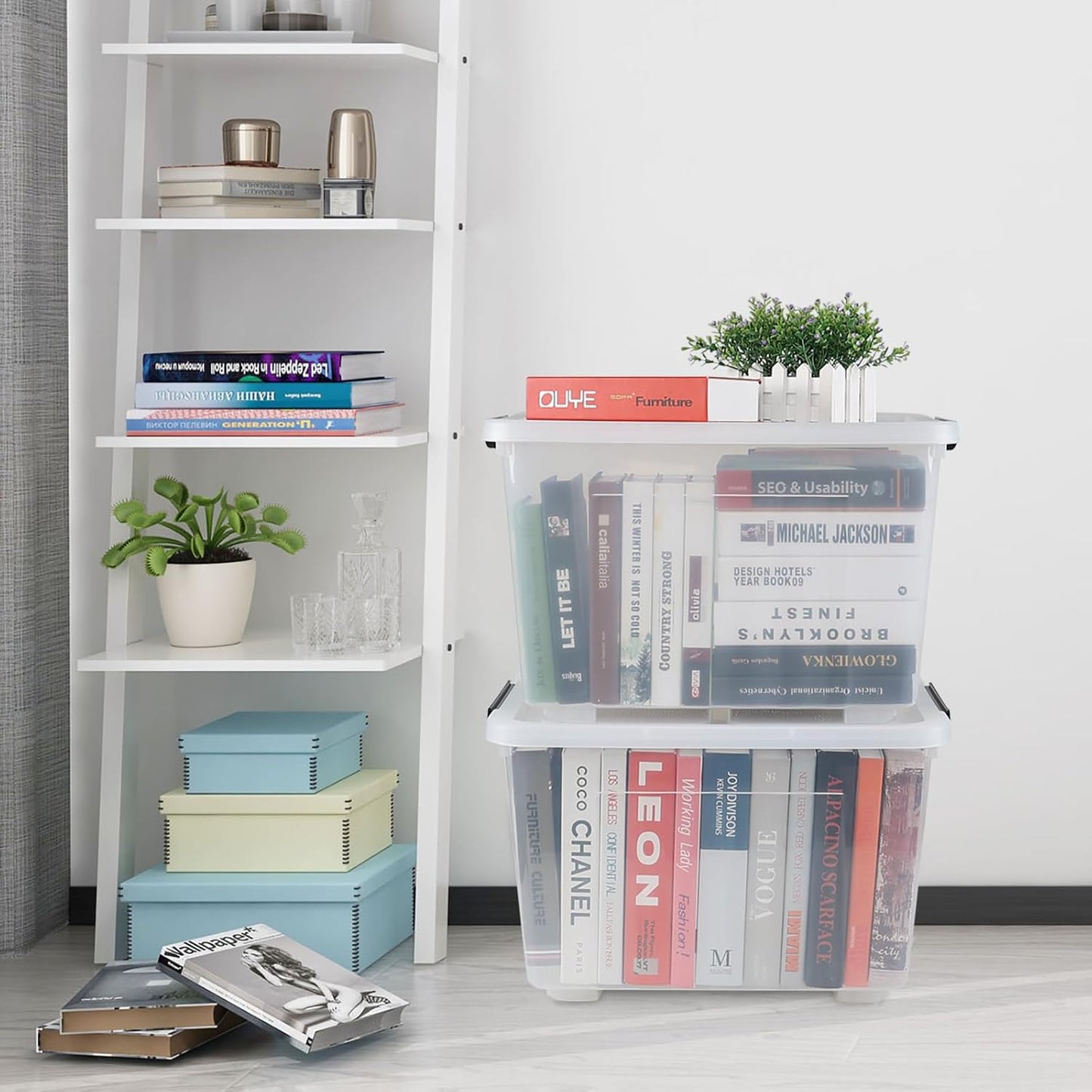 Wekioger 50 Quart Clear Latching Box with Wheels, 4 Packs Plastic Lidded Storage Bin