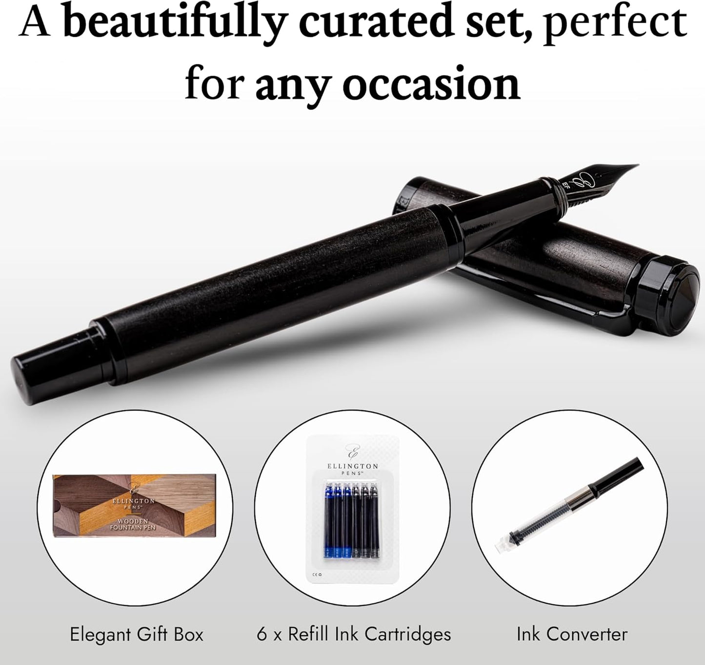 Elegant Wood Fountain Pen Set – Includes Wooden Pen Box, Ink Converter, 6 Ink Cartridges, and Gift Box – Writing, Calligraphy