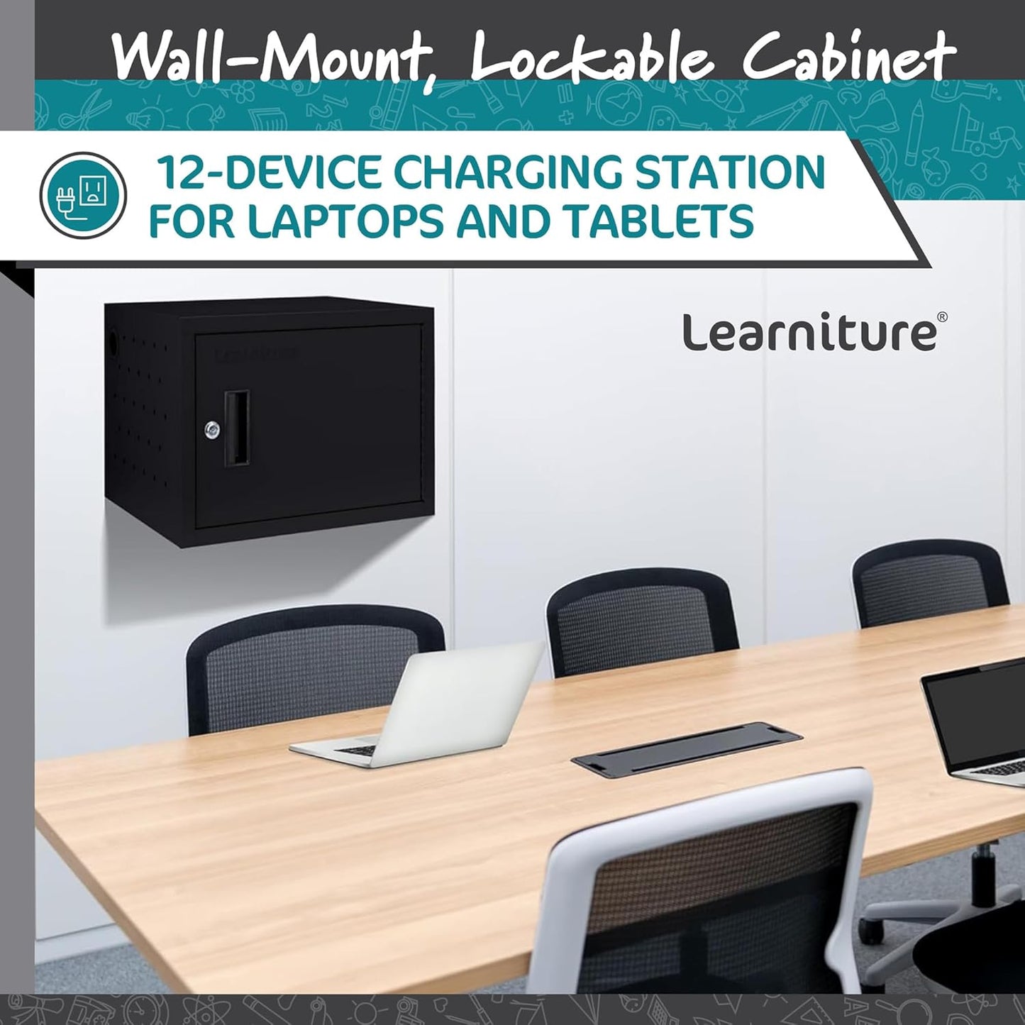 Learniture Structure Series 12-Device Charging Station for Laptops and Tablets, Wall-Mount Lockable Charging Cabinet for 12 Tablets/Chromebooks, Black