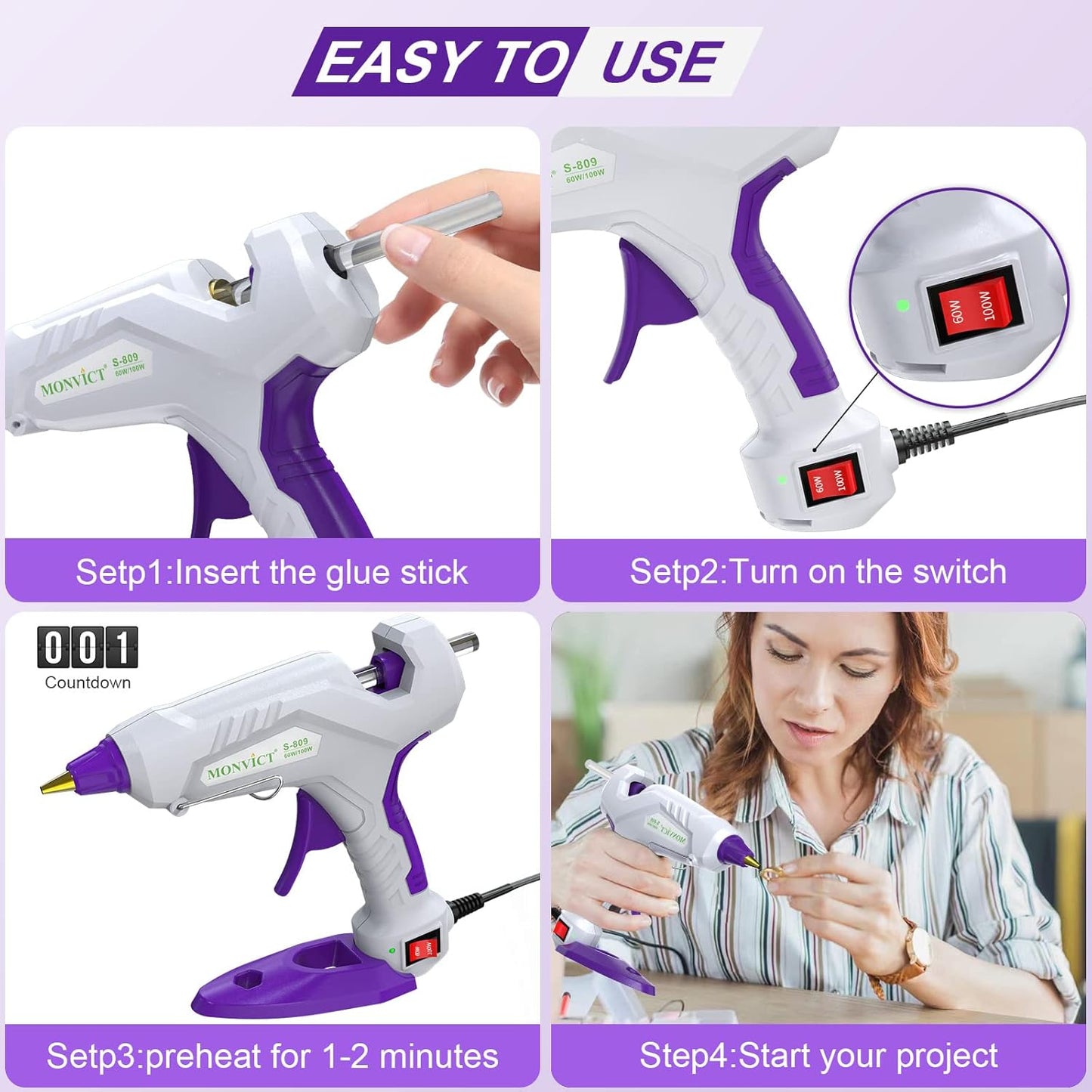Full Size Hot Glue Gun, MONVICT Dual Temp Glue Gun 60/100W Base Stand Heavy Duty Melt Glue Gun Kit with 15 Pcs Glue Sticks & 3 Finger Protectors for Sealing Wax, Quick Repairs, DIY, Art & Crafts