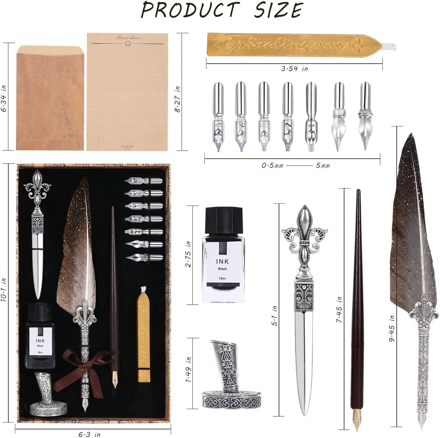 Vintage Quill Pen Ink Set,Feather Quill Pens with Wooden Calligraphy Pen, Including 7 Different Sizes of Nib, Calligraphy Pen Set Gift & Women and Man(Grey)