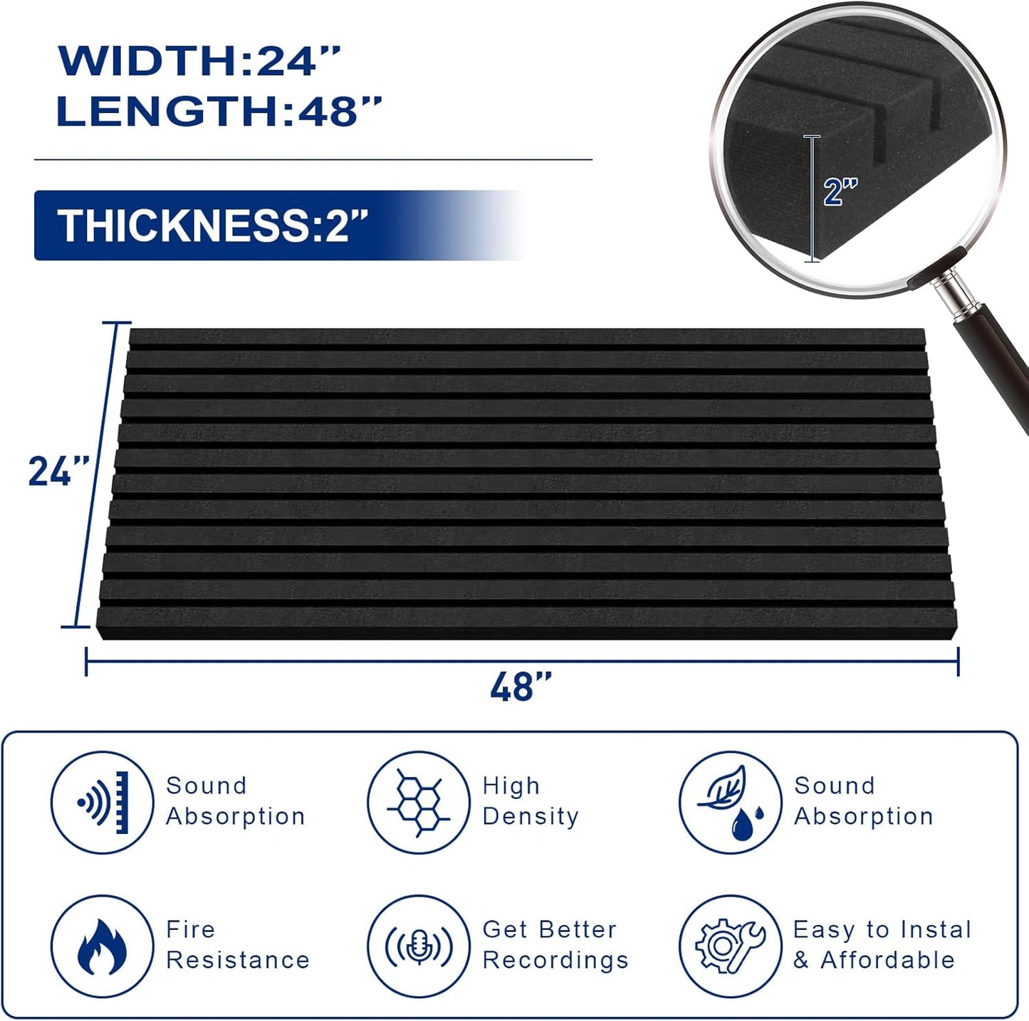 4 Pack Acoustic Foam Panels, 2" X 24" X 48" Wedge Soundproof Studio Foam for Walls,Sound Absorbing Panels, Sound Insulation for Studio, High Density Fireproof Studio Wedges (Black, 4 Pack)