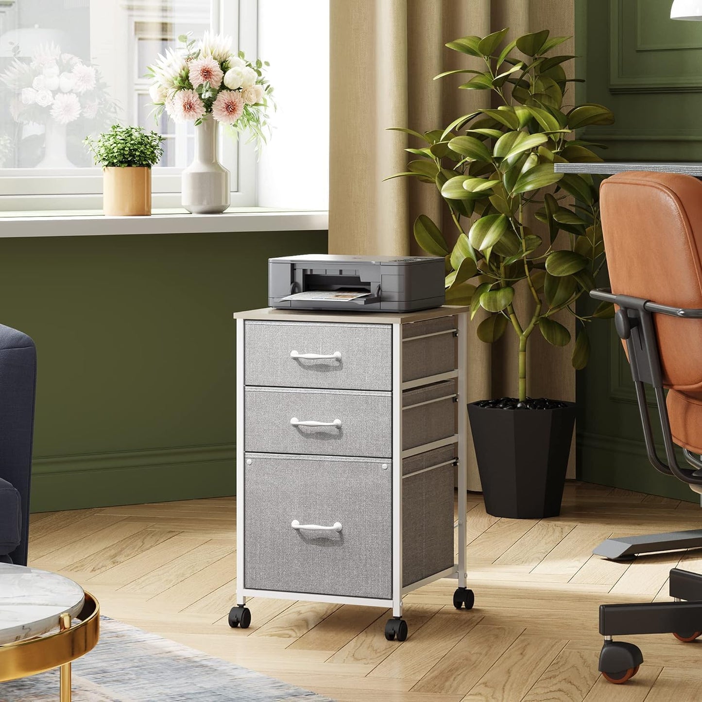 DEVAISE Mobile File Cabinet, Rolling Printer Stand with 3 Drawers, Fabric Vertical Filing Cabinet fits A4 or Letter Size for Home Office, Light Grey