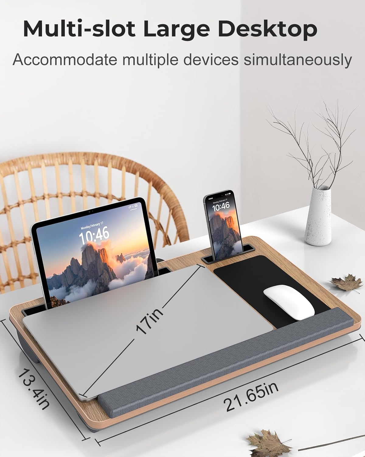 Lap Desk - Up to 17” Laptop Tray with Wrist Rest, Portable Handle, Fixed Mouse Pad, Tablet & Phone Slots, Laptop Stand for Bed with Cushion (Dark Brown Woodgrain)