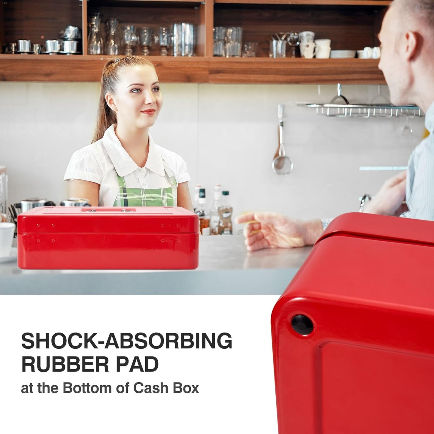Large Locking Cash Box with Key Lock and Money Tray, Money Box with Cash Tray, Lock Safe Box for Office Business, 11.8" x 9.5" x 3.5", Red