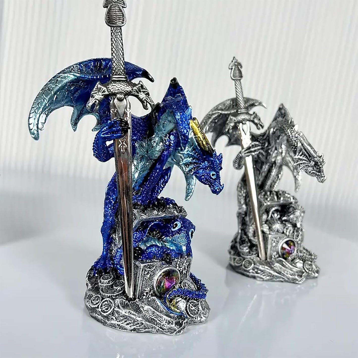 Dragon Statue Holding Silver Draconian Sword Letter Opener Figurine Dragon Sculpture Medieval Fantasy Home Office Decor 7.68 Inches (Blue)
