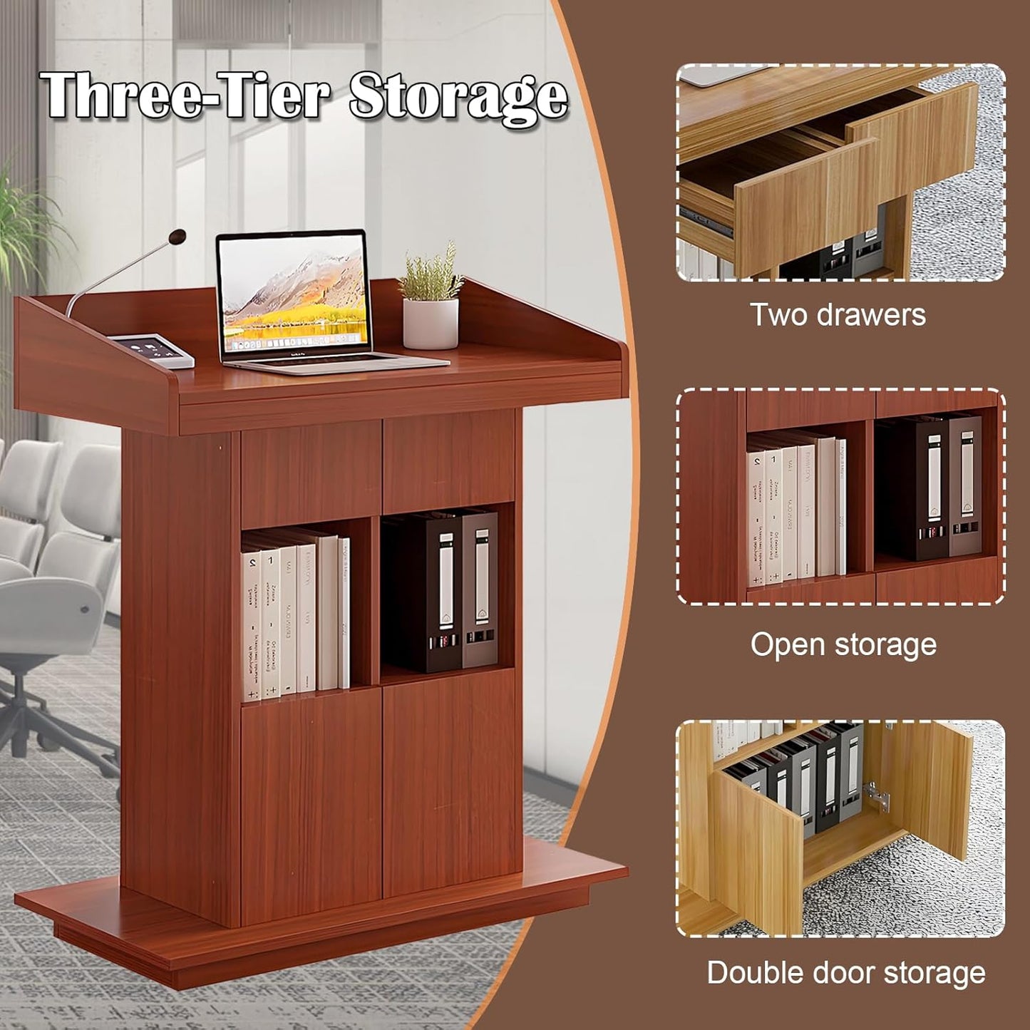 Solid Wooden Podium Stand Podiums for Classroom Lectern Podium Stand Wood Church Pulpit with 3 Levels of Storage and Heightened Baffles (Teak Color, 31.5in)