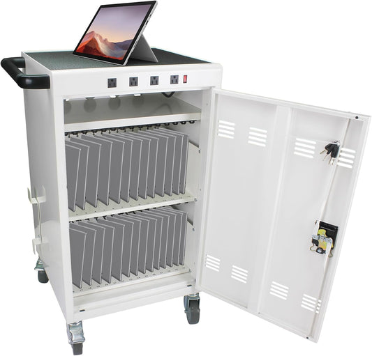 36-Device Mobile Charging Cart with Charging Power Strip and Front and Rear Access Locks, Cable Management, Up to 17"", Safe Charging Cabinet for Ipads, Chromebooks, Tablets, Laptops White