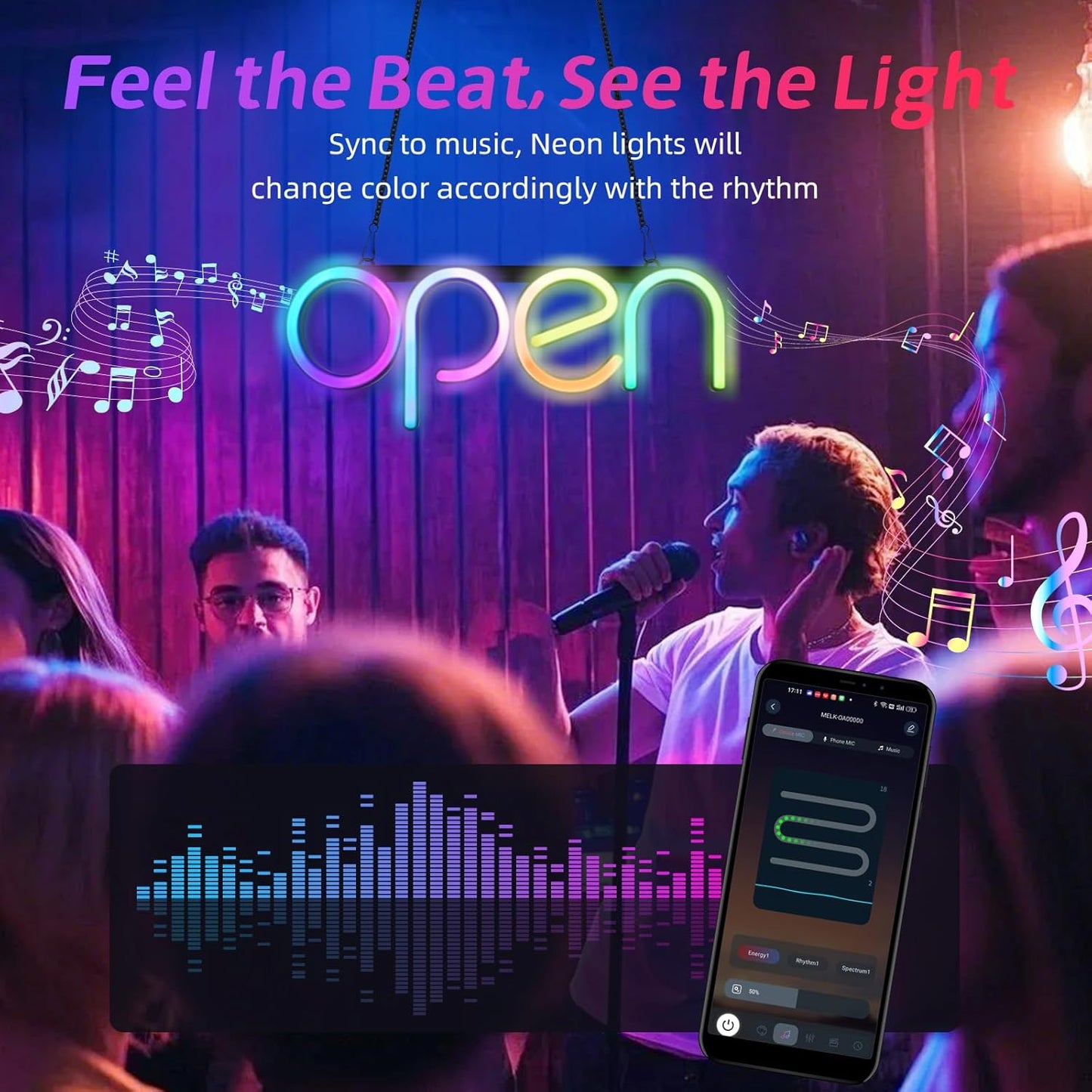 OPEN Neon Sign with APP Control 16X6 inch Bluetooth Smart LED Business Sign, Open Sign Led USB Powered Adjustable Brightness & Color