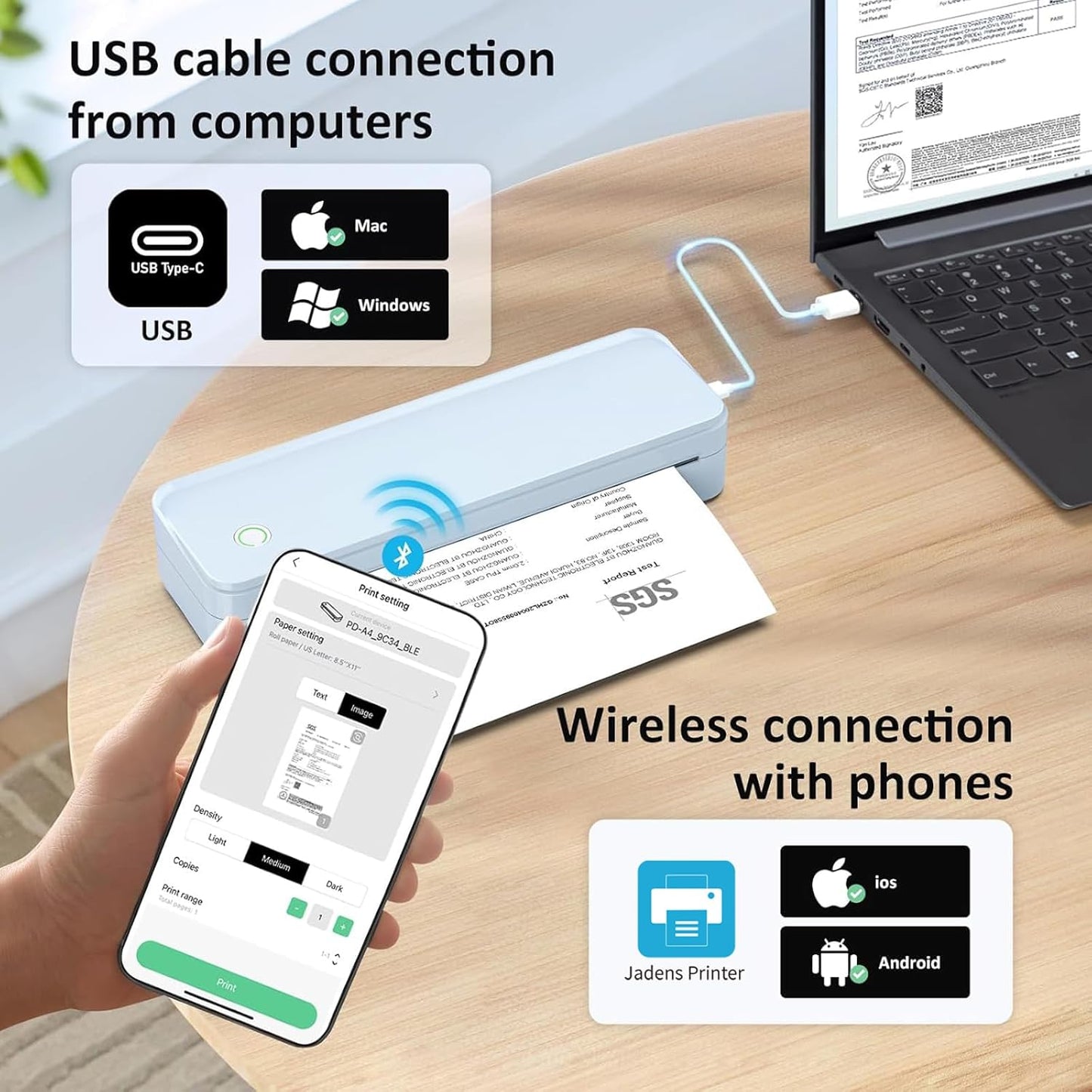 여행용 잉크리스 휴대용 프린터, 무선 열전사 프린터, 21.6 x 27.9cm(8.5 x 11인치) 미국 레터 사이즈 지원, 블루투스 기계는 휴대용 케이스와 감열지 키트 3롤 포함, 블루