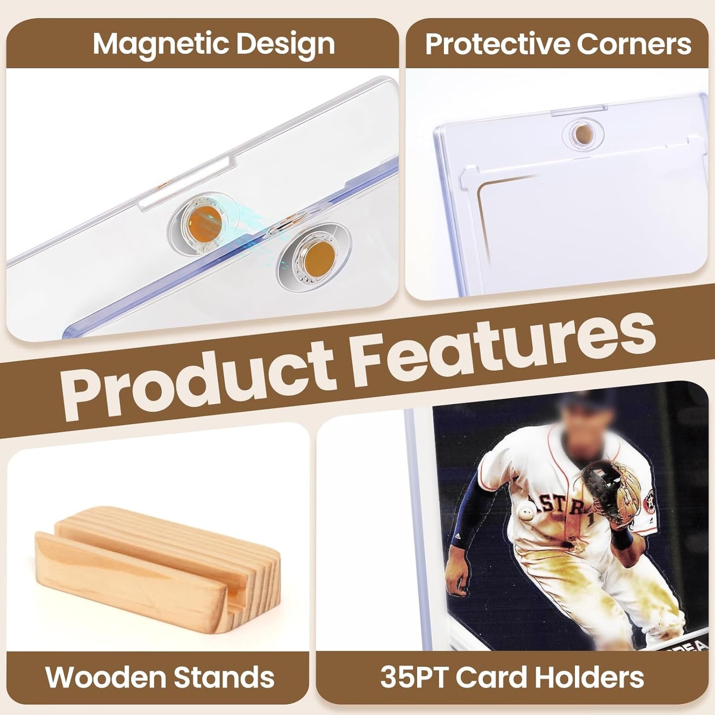 Magnetic Card Holder for Trading Card - Baseball Card Display Protector with Wooden Card Stand, 35pt Acrylic Hard Card Sleeves Case, Card Display Stand for PSA Slabs Trading Cards and Sports Cards