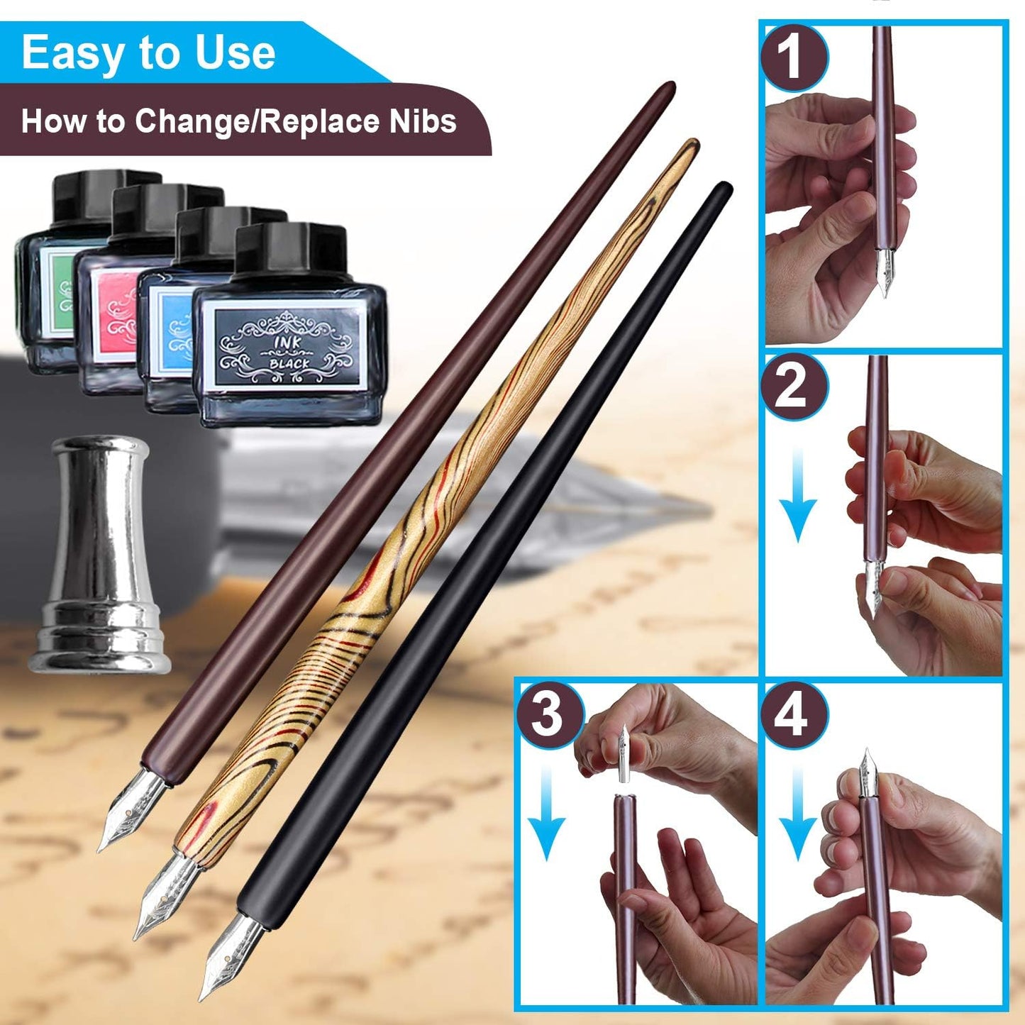 Calligraphy Set For Beginners, 3 Calligraphy Pens, 4 Ink Bottle 15ml, 20 Calligraphy Nibs, 1 Calligraphy Pen Holder, Dip Pen Set, Gift For Men, Women And Kids, Calligraphy Kit For Beginners