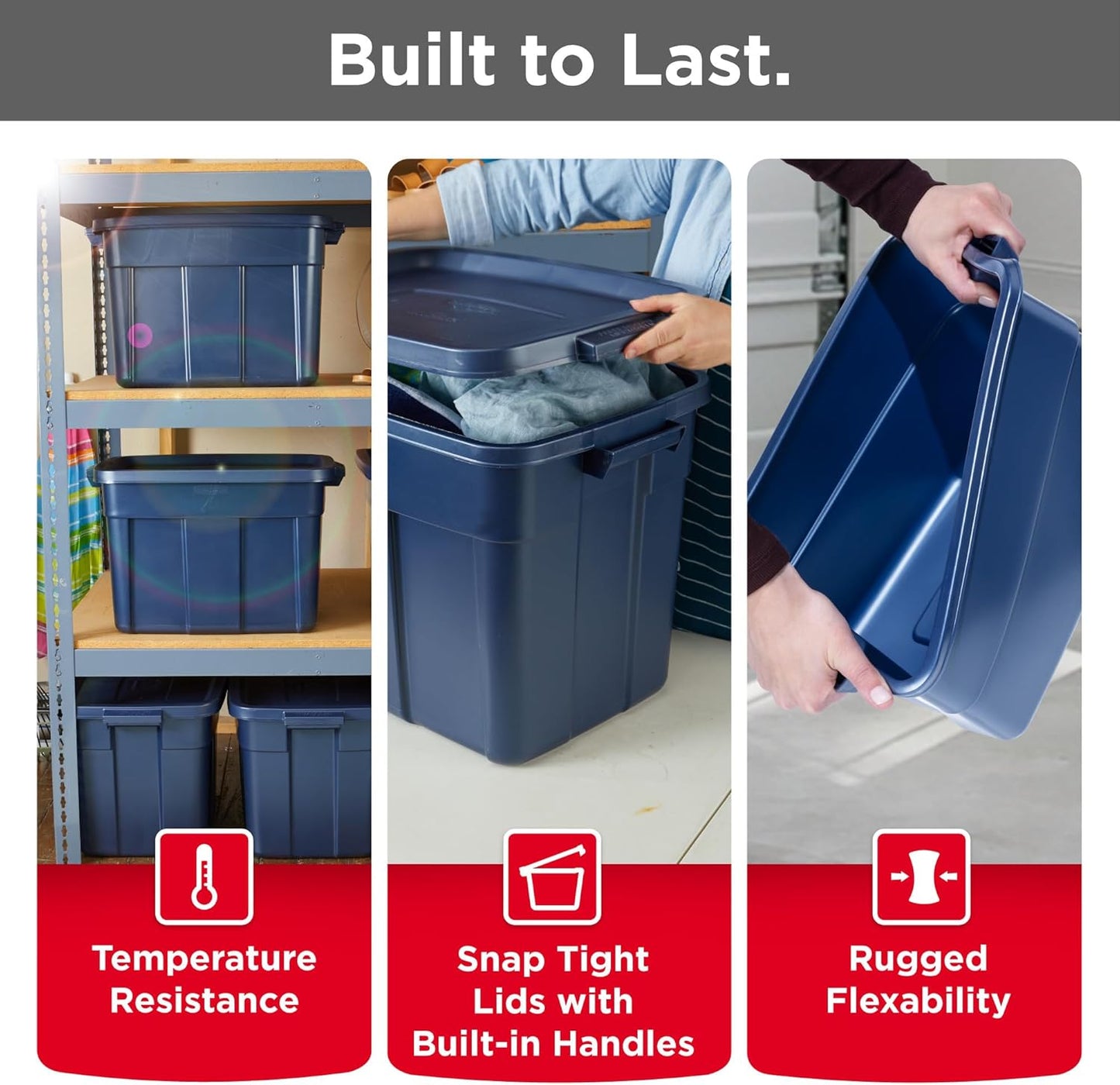 Rubbermaid Roughneck Tote Variety - |Made in the USA| Dark Indigo Metallic, Rugged Plastic Stackable Storage Tote with Lid and Handles (Pack of 10)