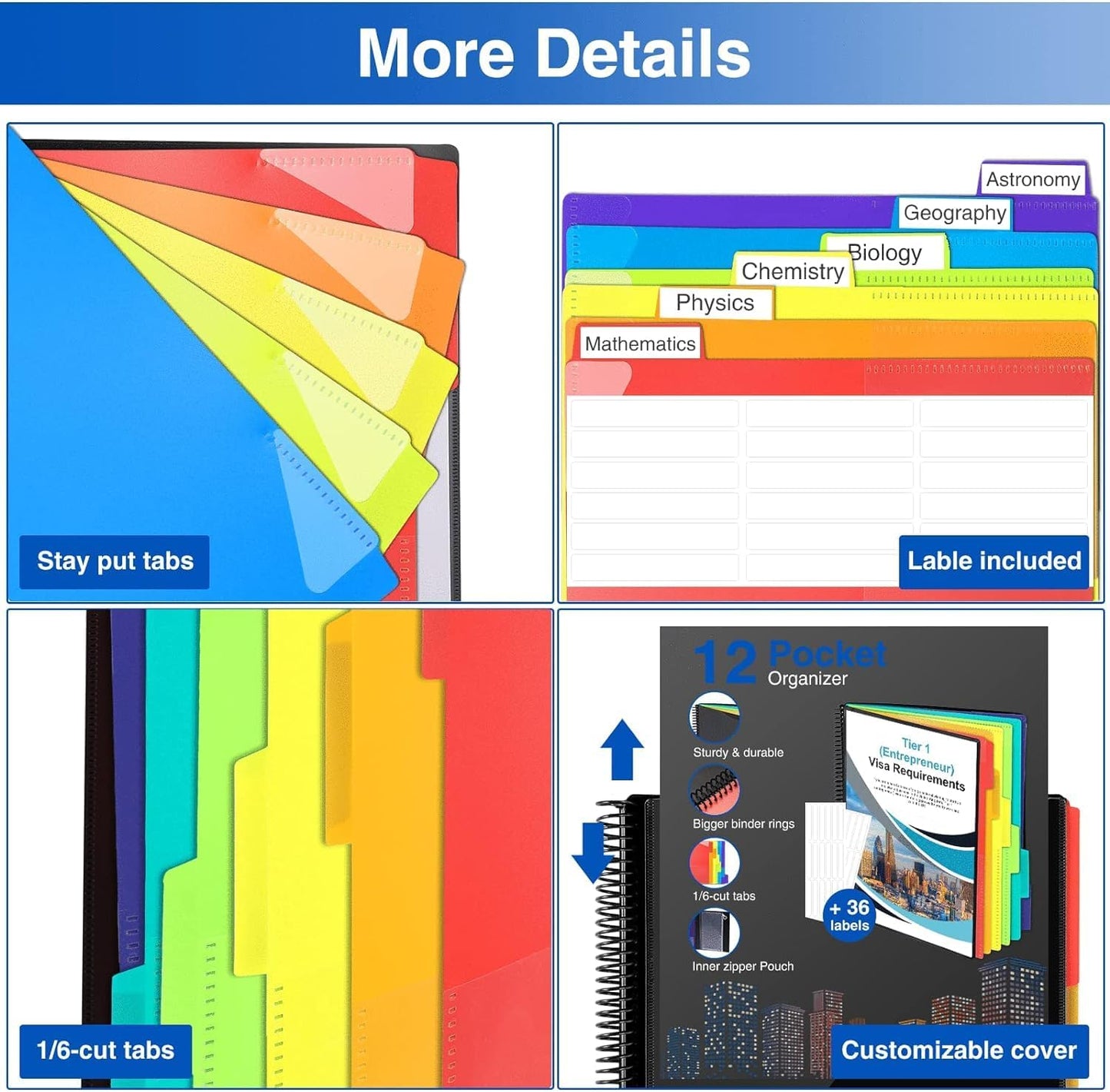 Forvencer 12 Pocket Project Organizer, 1/6-cut Tab Binder Organizer with Sticky Labels, Multi Pocket Folder with Zipper Pouch, Folder Binder Spiral Pocket Notebook, Office Supplies, Antique Green