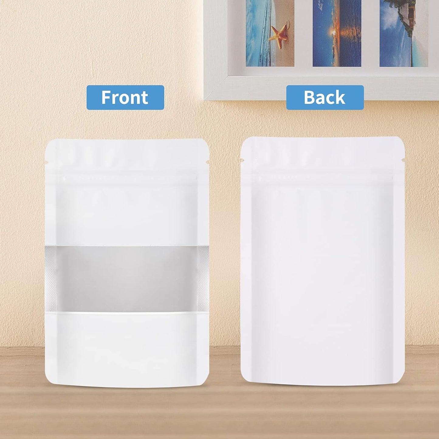 100 Pieces Smell Proof Mylar Bags, Resealable Food Storage Bags with Clear Window, Foil Pouch Stand-up Bags for Food Self Sealing Storage Supplies (White, 4 x 6 Inch)