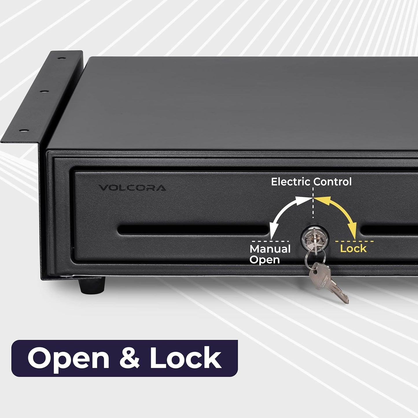 Volcora Cash Register Drawer with Under Counter Mounting Bracket - 16" Black Drawer for POS, 5 Bill 8 Coin Compartment, Fully Removable 2 Tier Cash Tray, 24V RJ11/RJ12 Key-Lock, Double Media Slot