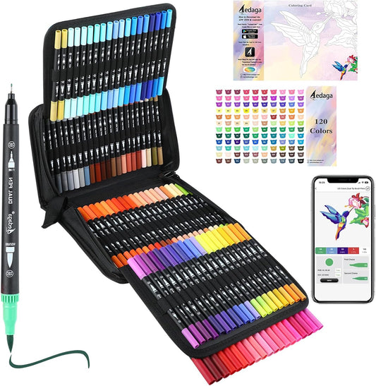 120 Colors Dual Brush Markers, Fine and Brush Tips Numbered Pens with App, for Adults and Kids, Coloring Book Bullet Journaling Note Taking Planner Hand Lettering Calligraphy Drawing Art Supplies Kit
