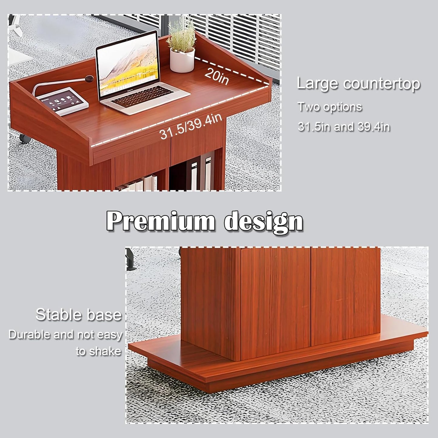 Solid Wooden Podium Stand Podiums for Classroom Lectern Podium Stand Wood Church Pulpit with 3 Levels of Storage and Heightened Baffles (Teak Color, 39.4in)