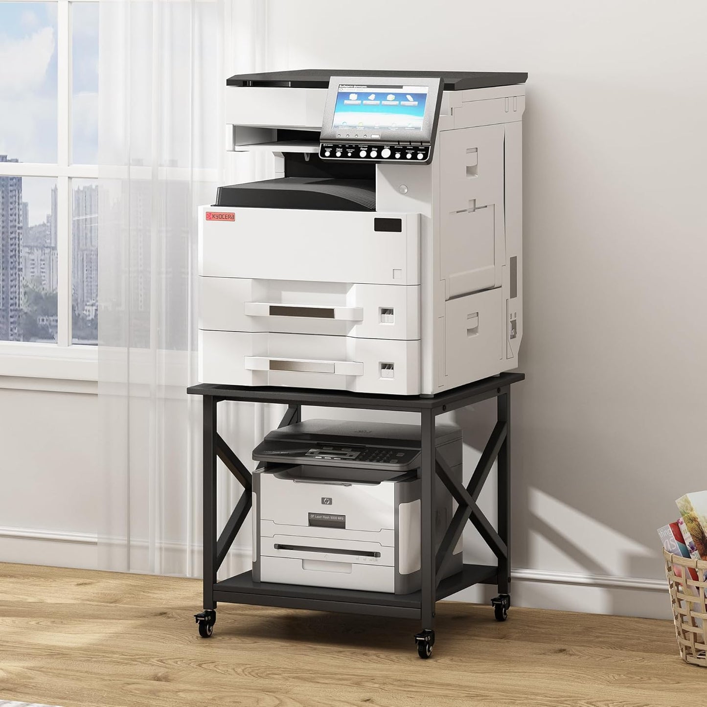 2 Tier Large Printer Stand, 23.6 x 23.6 x 22.6 Inches Square Printer Table with Storage Shelf, Rolling Printer Cart with Industrial Wheels for Home Office, Mini Fridge Stand Table - Black