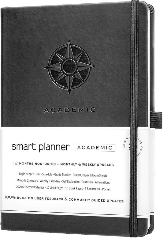 Academic Planner - Daily, Weekly, and Monthly Scheduling - 8.3 x 5.8 Inches - Undated Student Planner for Maximizing Focus and Productivity - 2020-2021 Reference Calendars (Black)