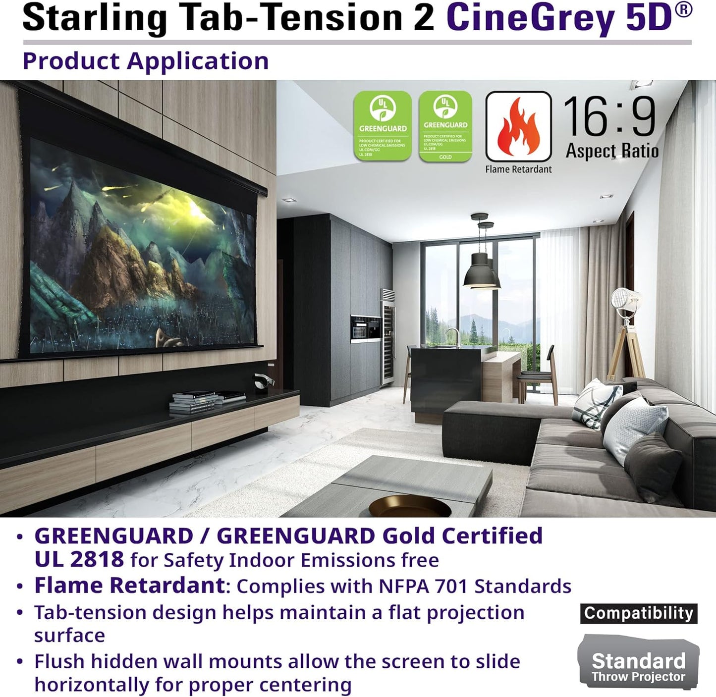 Elite Screens Starling Tab-Tension 2 CineGrey 5D, 120" 16:9, Ceiling and Ambient Light Rejecting Electric Projector Screen Programmed Remote Kit, CineGrey 5D Projection Material, STT120U2HD5-E12