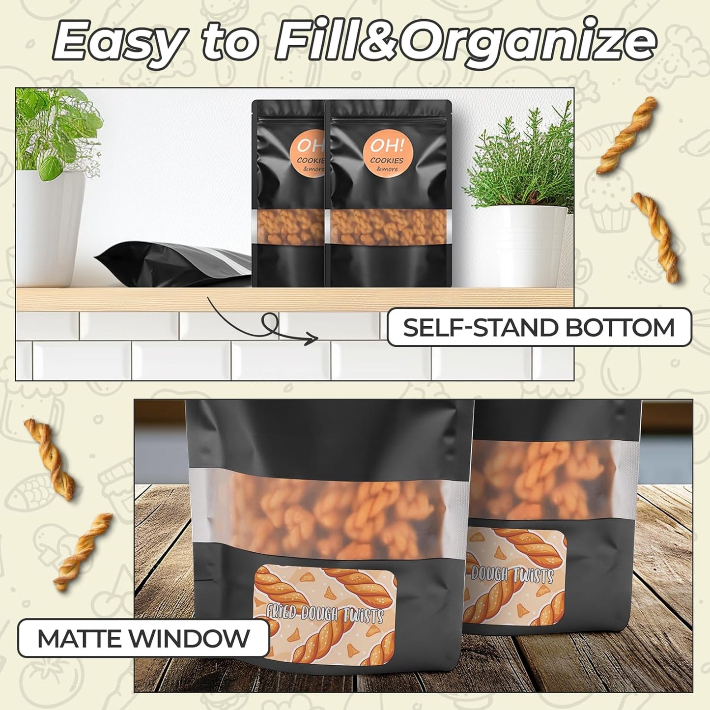 Funfery 100 Pcs Black 4x6 Smell Proof Packaging Bags,Mylar Clear Bags for Food Storage,Sealable Bag for Packaging,Stand Up Pouches with Window,ReSealable Bag for Small Business,Cookies,Candy